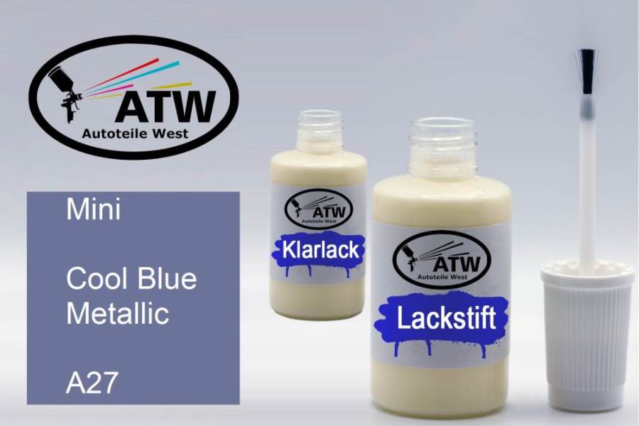 Mini, Cool Blue Metallic, A27: 20ml Lackstift + 20ml Klarlack - Set, von ATW Autoteile West.